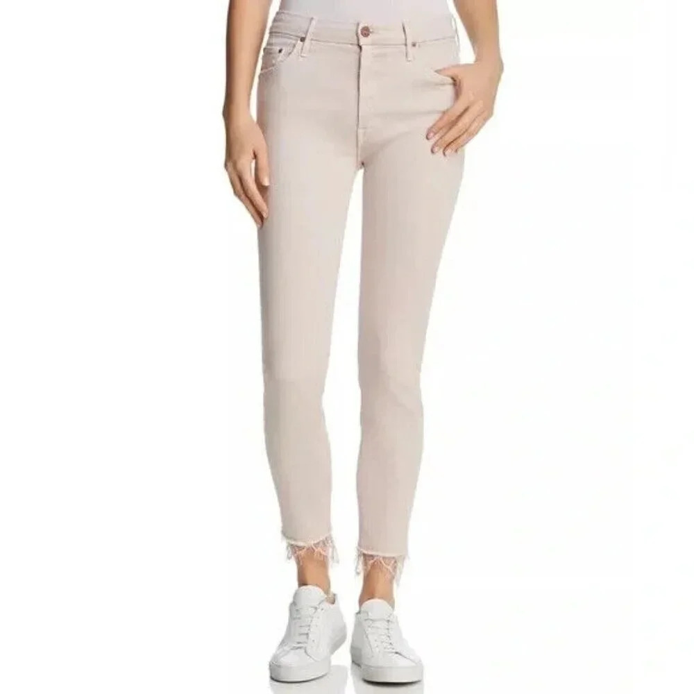 Mother Looker Dagger Lace Trim Ankle Skinny Jeans Size 26 Blush Pink High Waist